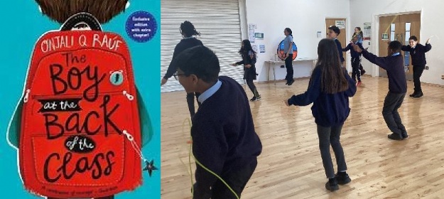 Cover of 'The boy at the back of the class' & Year 6 skipping in the hall